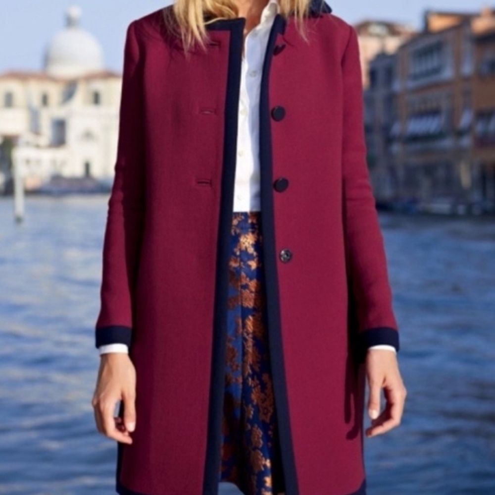 Vintage J. Crew Lady Day Coat Burgandy Wool Blend w/ Navy Trim Buttons Sz 8 EUC - Picture 3 of 16